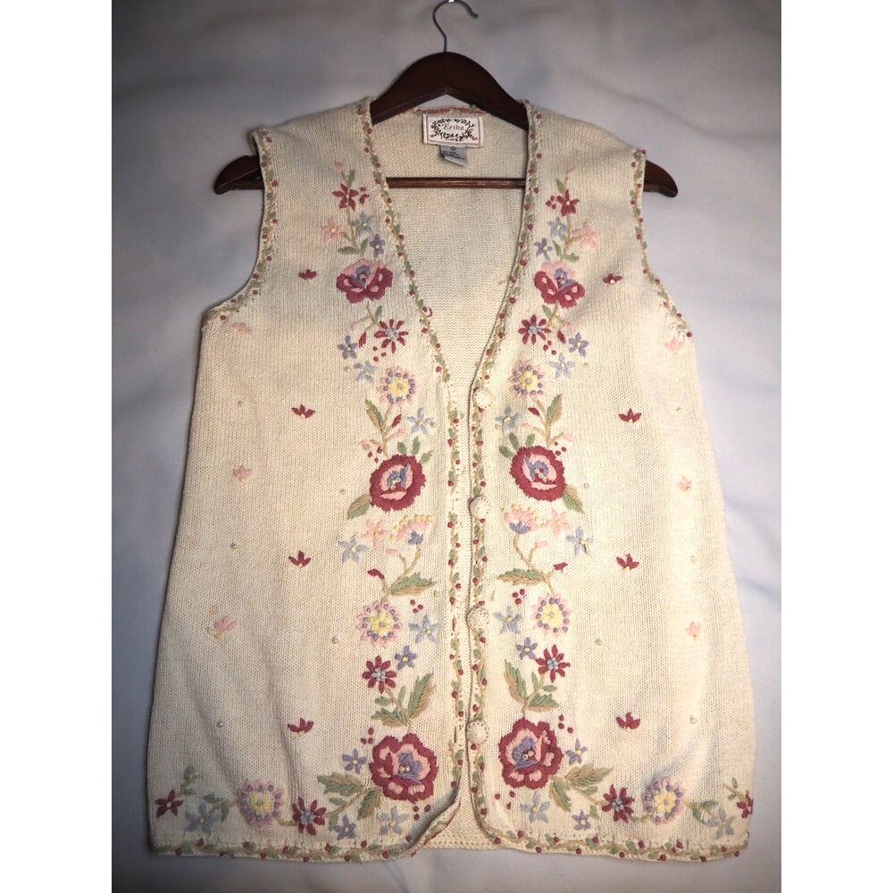 Vintage Erika Cream Floral Embroidered Sweater Vest S Beaded Cottagecore Ramie